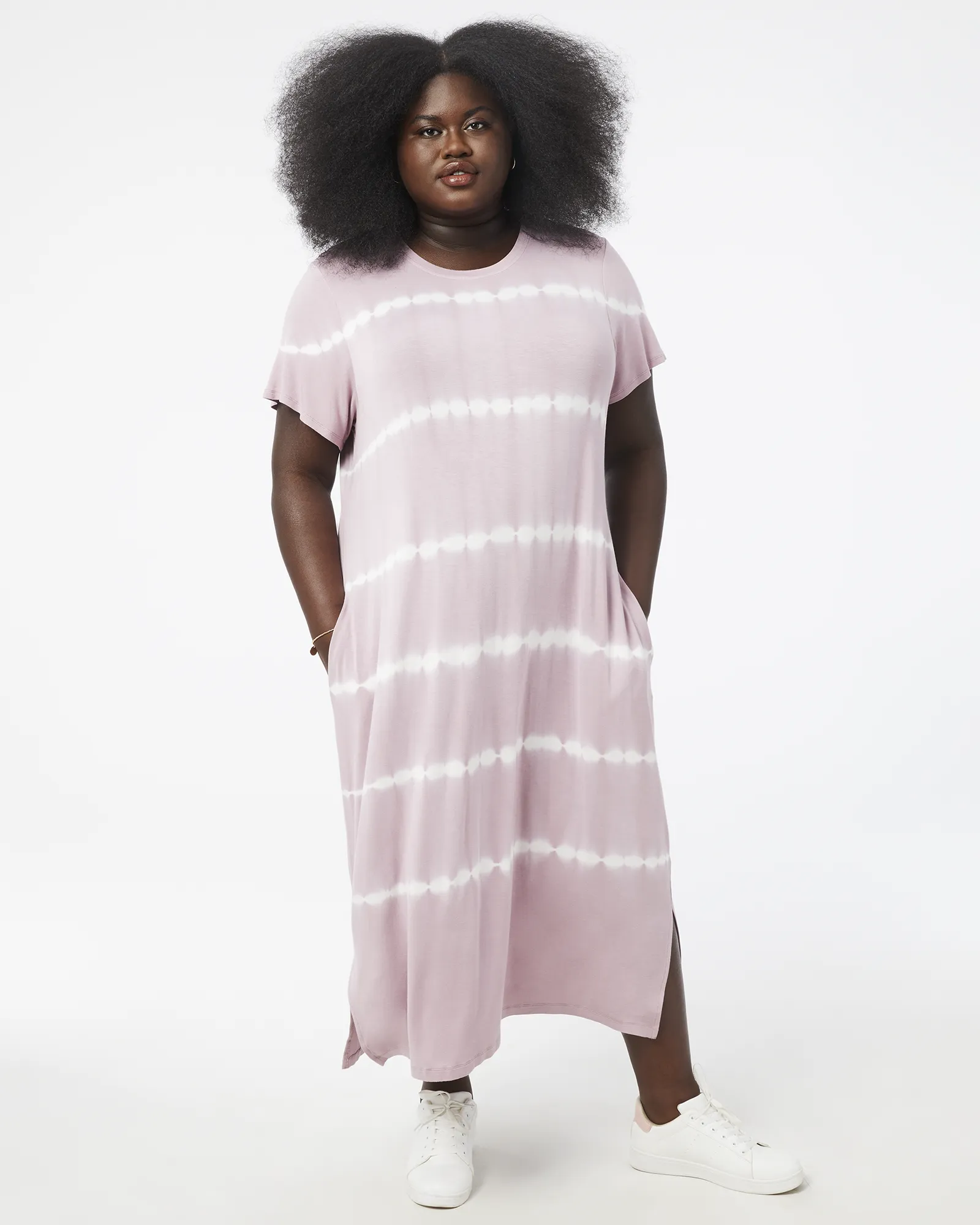 Stephanie Crew Neck Tie Dye Midi Dress | Mauve / White